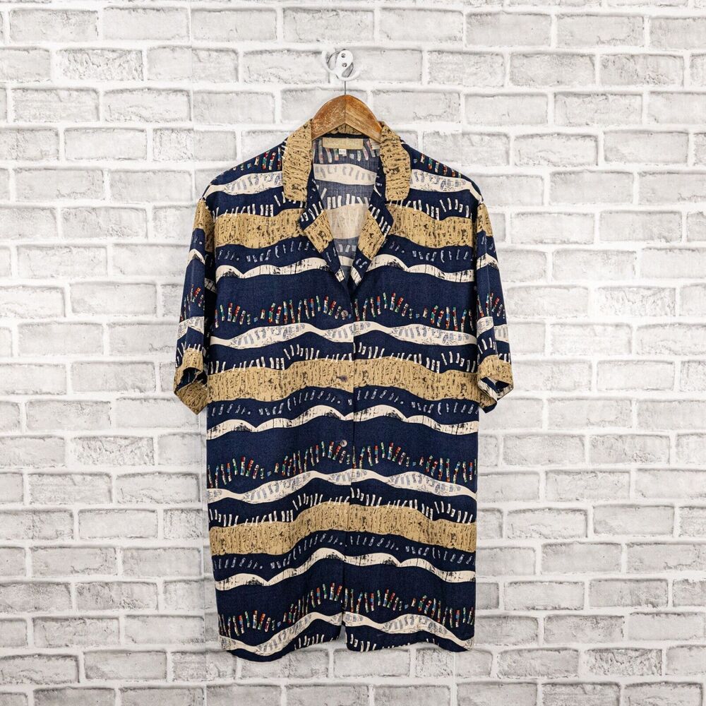 NICOLE FARHI Women's 100% Silk Button up Blouse Navy Multi Print size 10/12